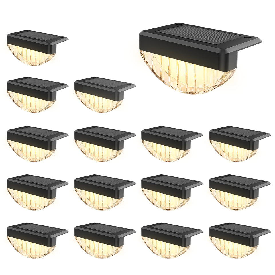 VOLISUN 16-pack solar deck lights illuminating a deck edge for safer nights