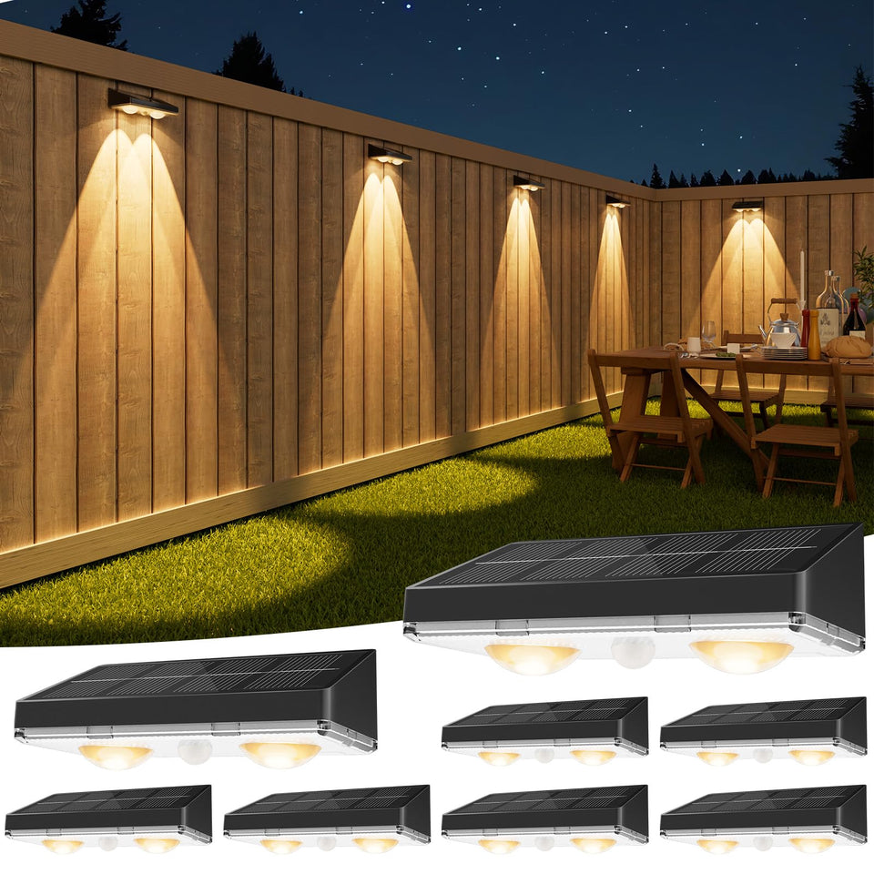 Volisun solar fence light with warm white LED lens lighting outdoor space.