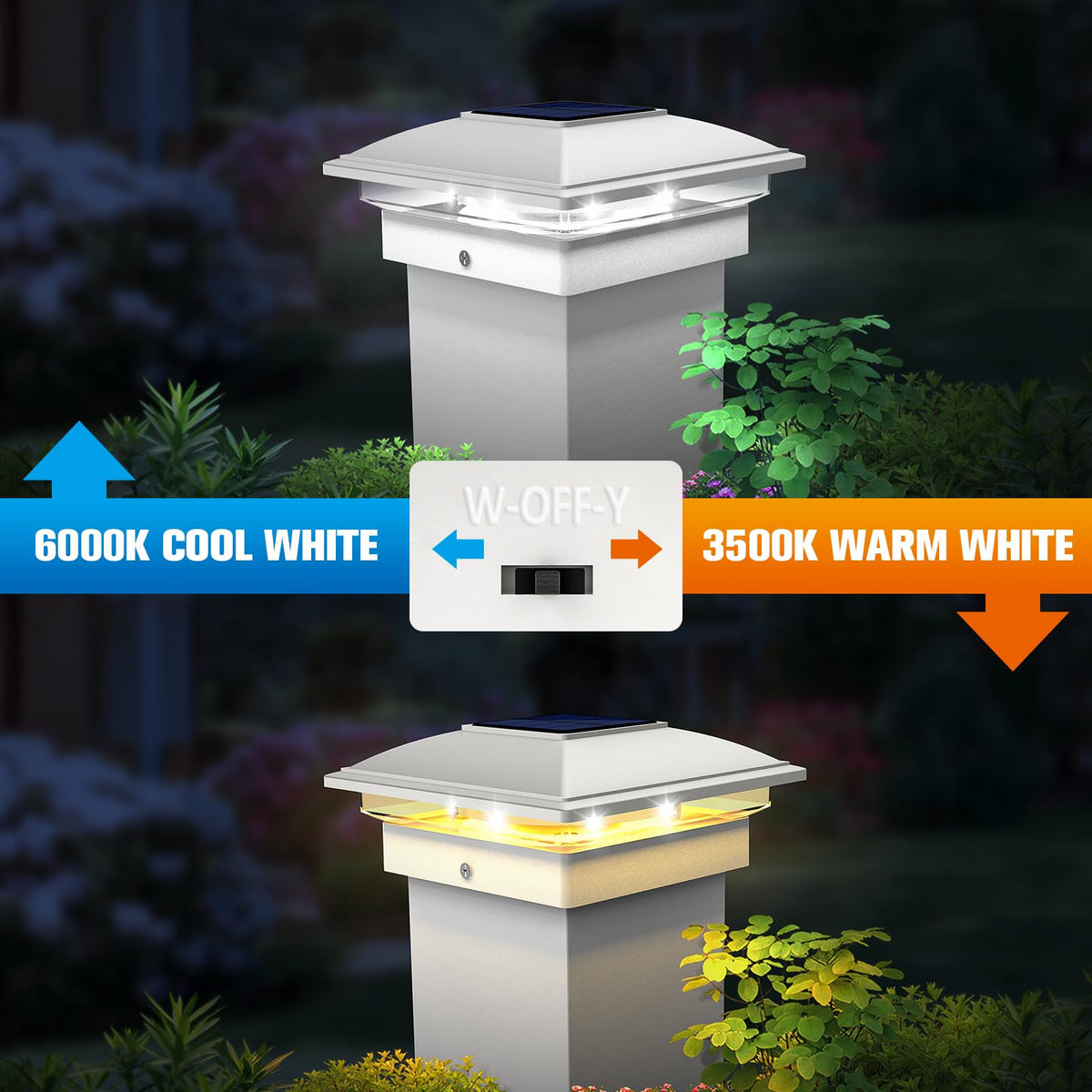 VOLISUN solar post cap light on a 4x4 vinyl base delivering reliable visibility after rain.