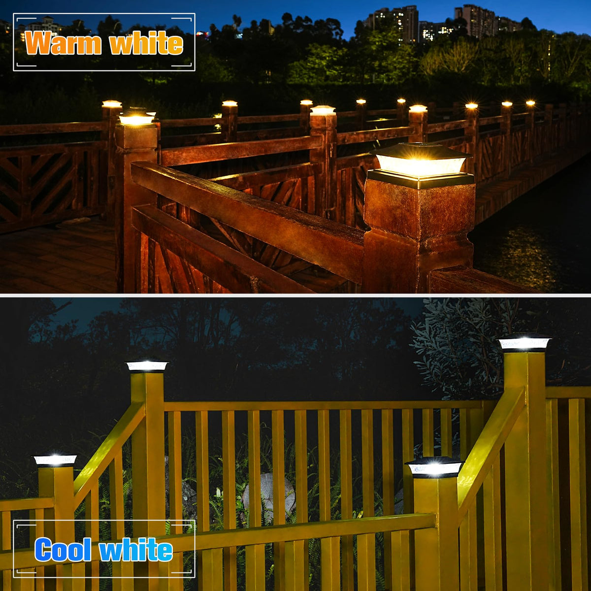 VOLISUN solar post cap light on a 4x4 vinyl post with clear casing.