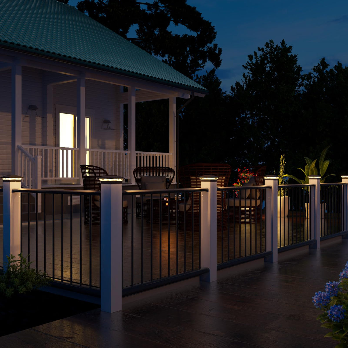 VOLISUN 6-pack solar post cap lights on a deck at night