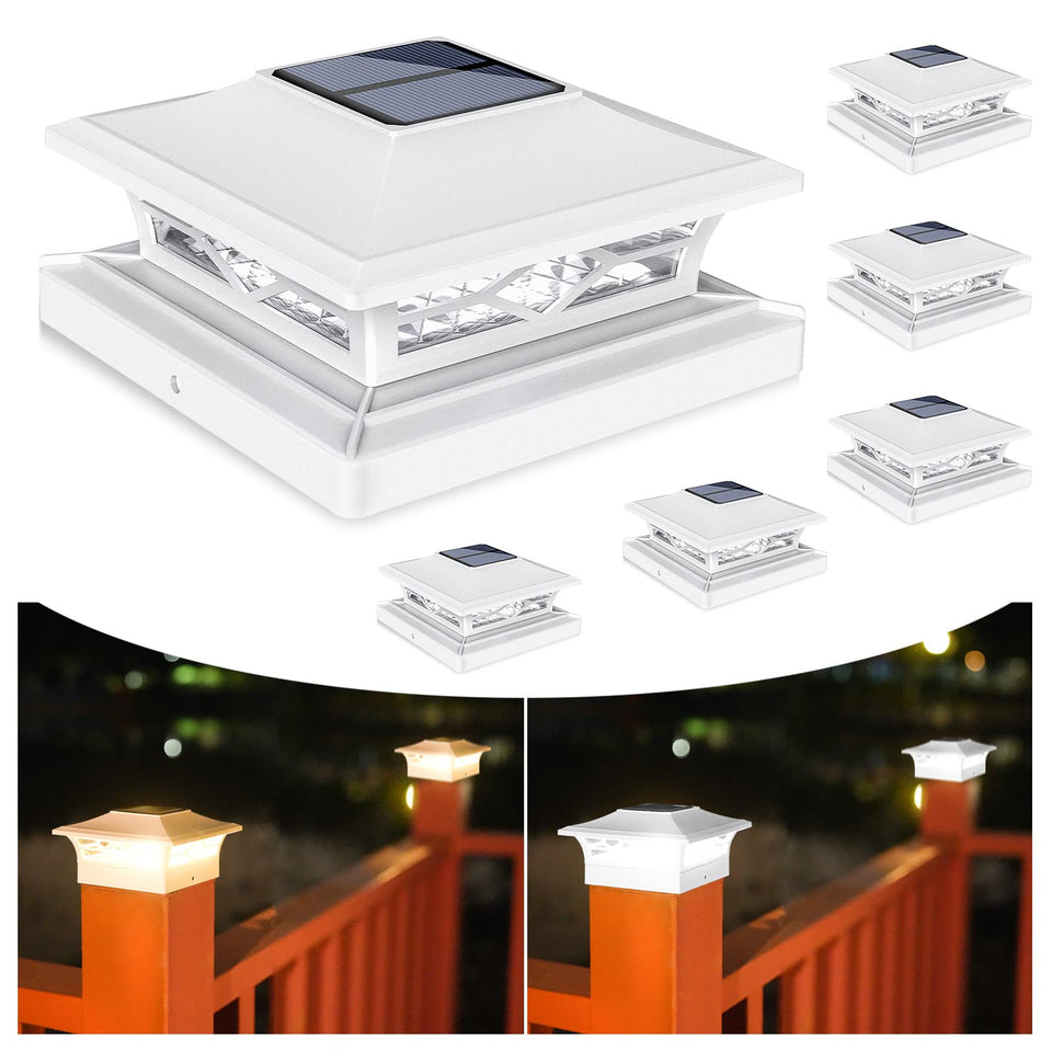 VOLISUN post cap lights illuminate a wooden 4x4 post at night with a warm glow.