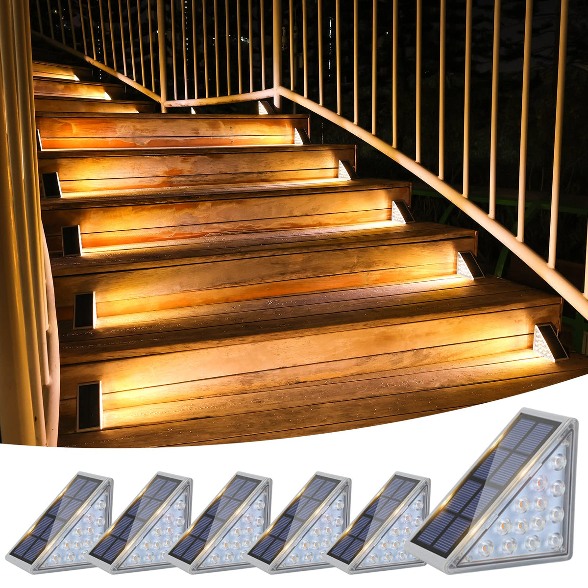 VOLISUN Solar Stair Lights 6-pack on stairs illuminate steps for safer navigation.