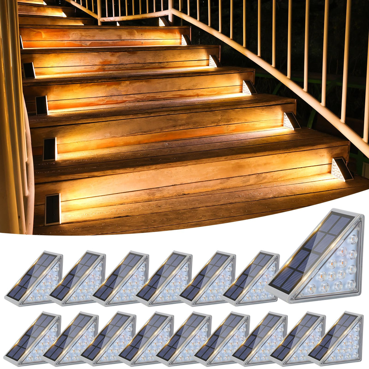 Volisun solar stair lights on stairs illuminate steps for safer nighttime entry.