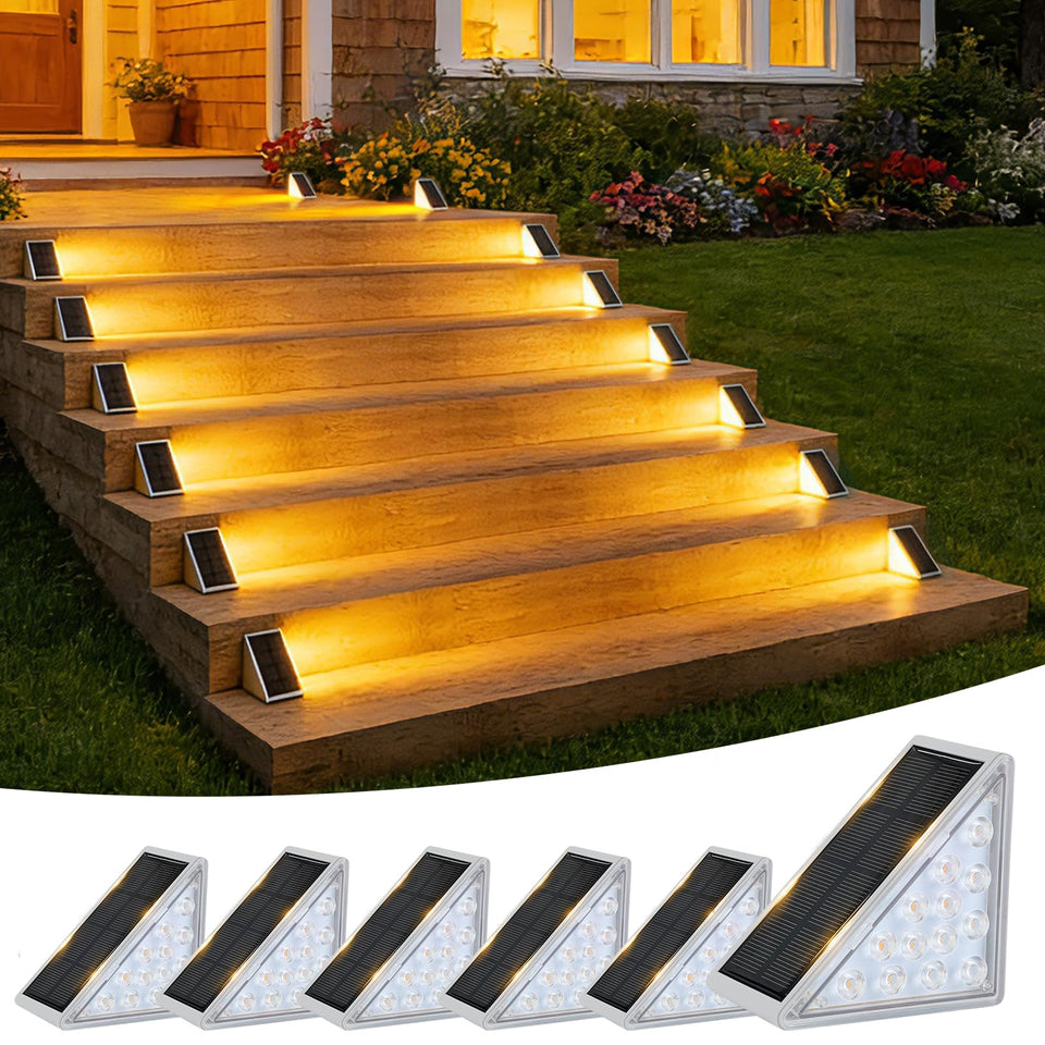 Volisun solar step light beam on stair for safer nighttime visibility.