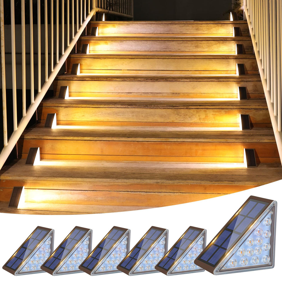 VOLISUN solar step light on a brown outdoor stair improves night visibility