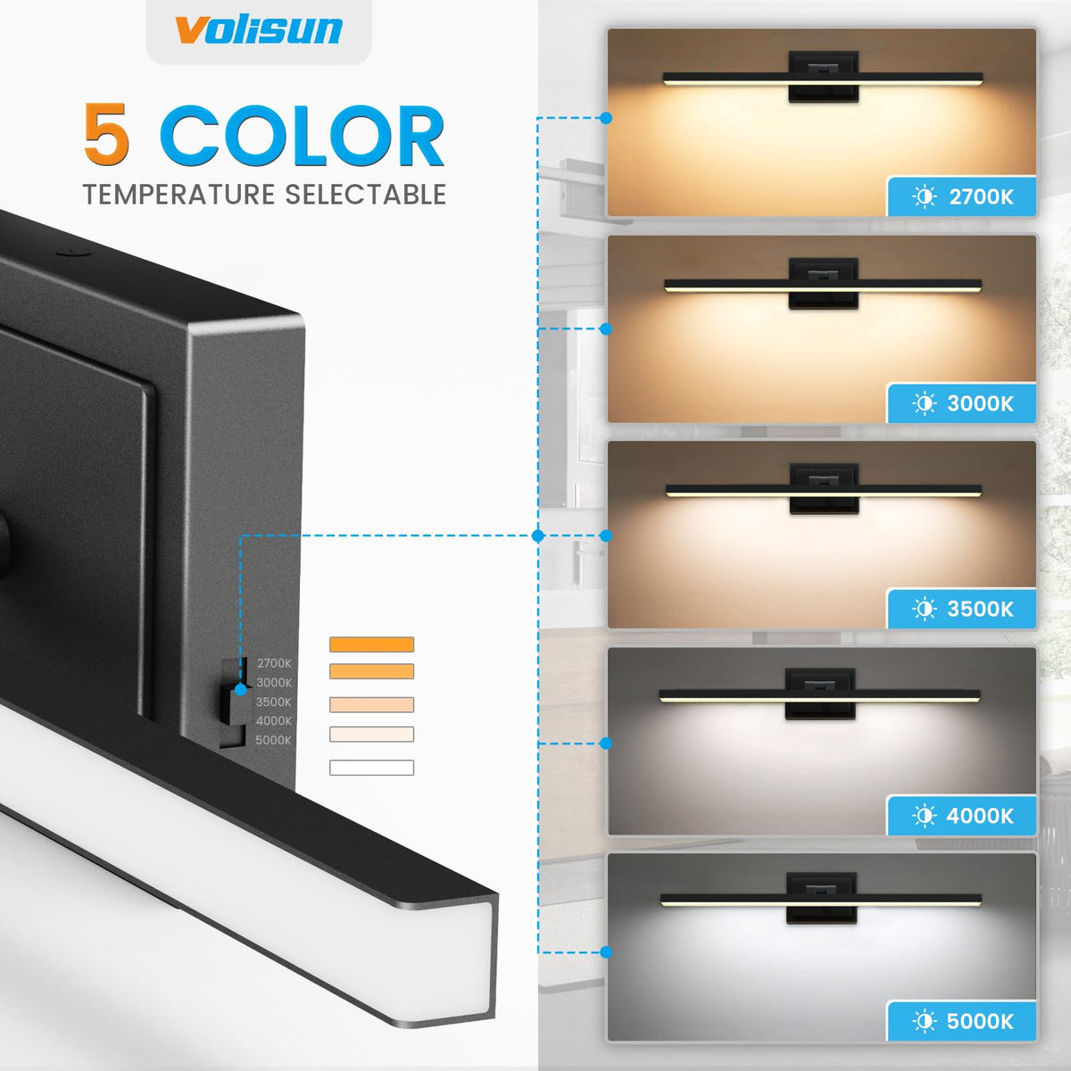VOLISUN vanity light 180-degree tilt for upward or downward illumination.