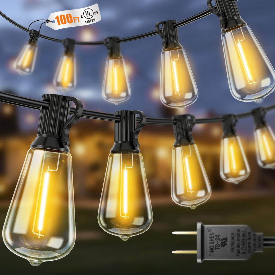 VOLIVO 100ft outdoor string lights over a patio providing seamless coverage and ambiance
