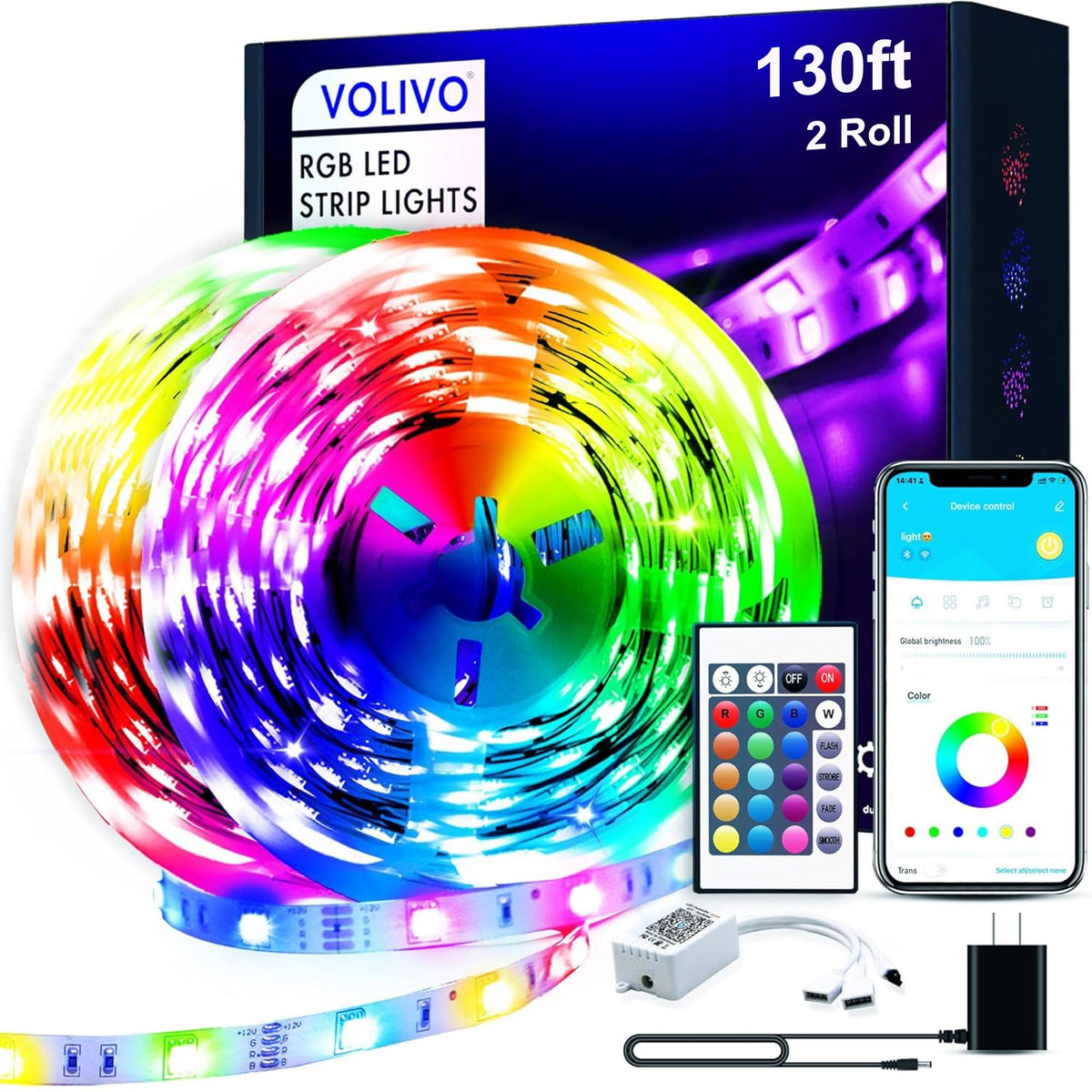 VOLIVO 130ft LED strip lights in a bedroom creating ambient color