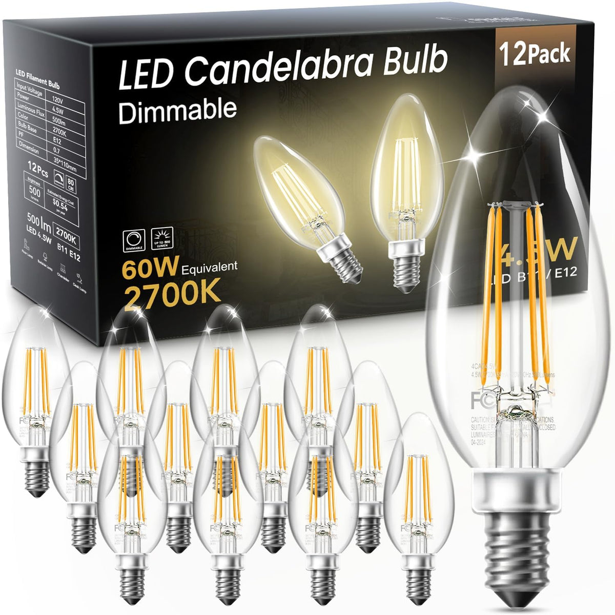 VOLIVO dimmable E12 candlebulb in clear glass delivering warm 2700K glow for cozy spaces.