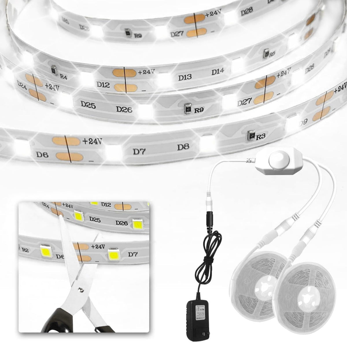 VOLIVO white LED strip lights run safely at 24V with low heat output.