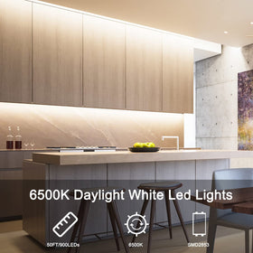VOLIVO white LED strip lights under kitchen cabinets deliver precise task lighting.