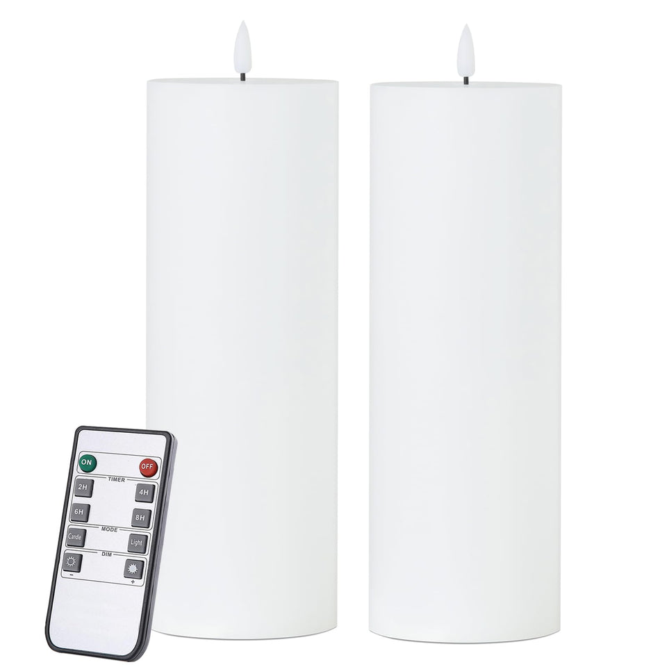 Volnyus white flameless candles 2-pack on dining table creating warm ambience.