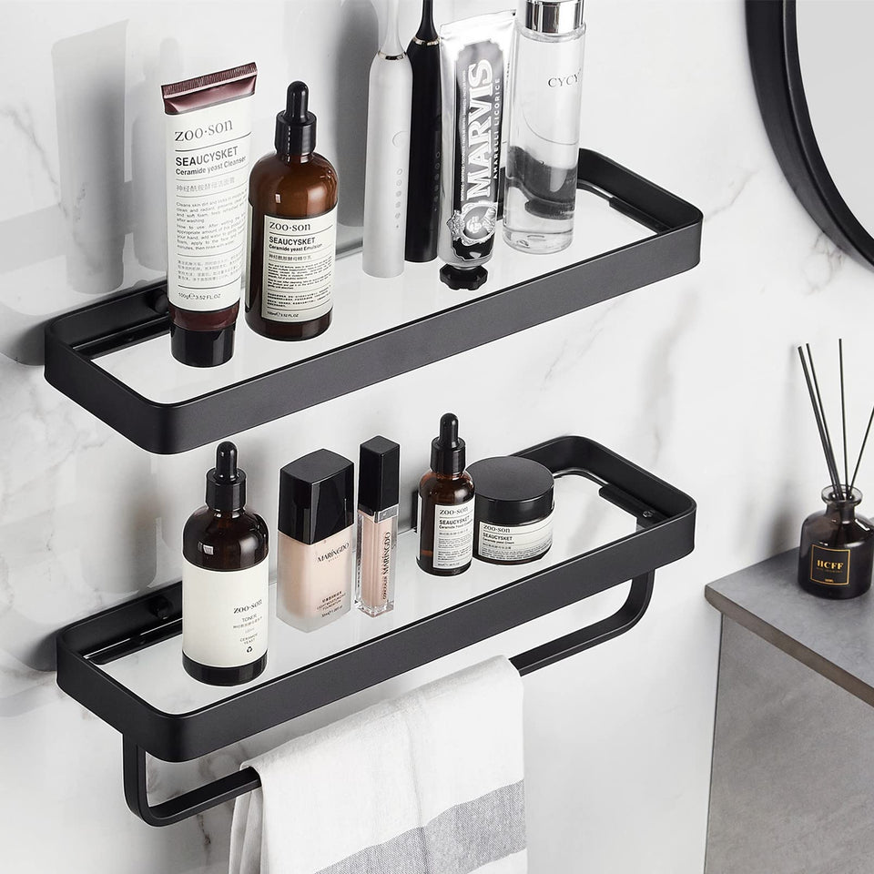 VOLPONE 2-tier glass shelf front view with matte black finish for space-saving storage.