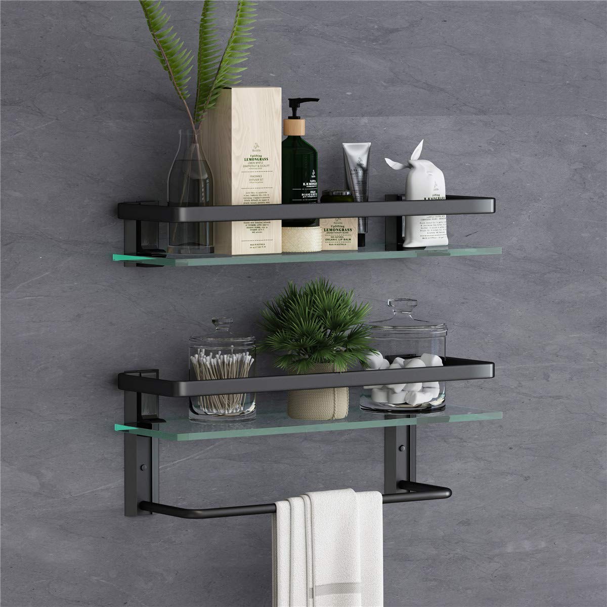 VOLPONE glass bathroom shelf with towel bar for organized towels and toiletries.