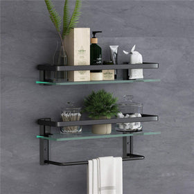 VOLPONE glass bathroom shelf with towel bar for organized towels and toiletries.
