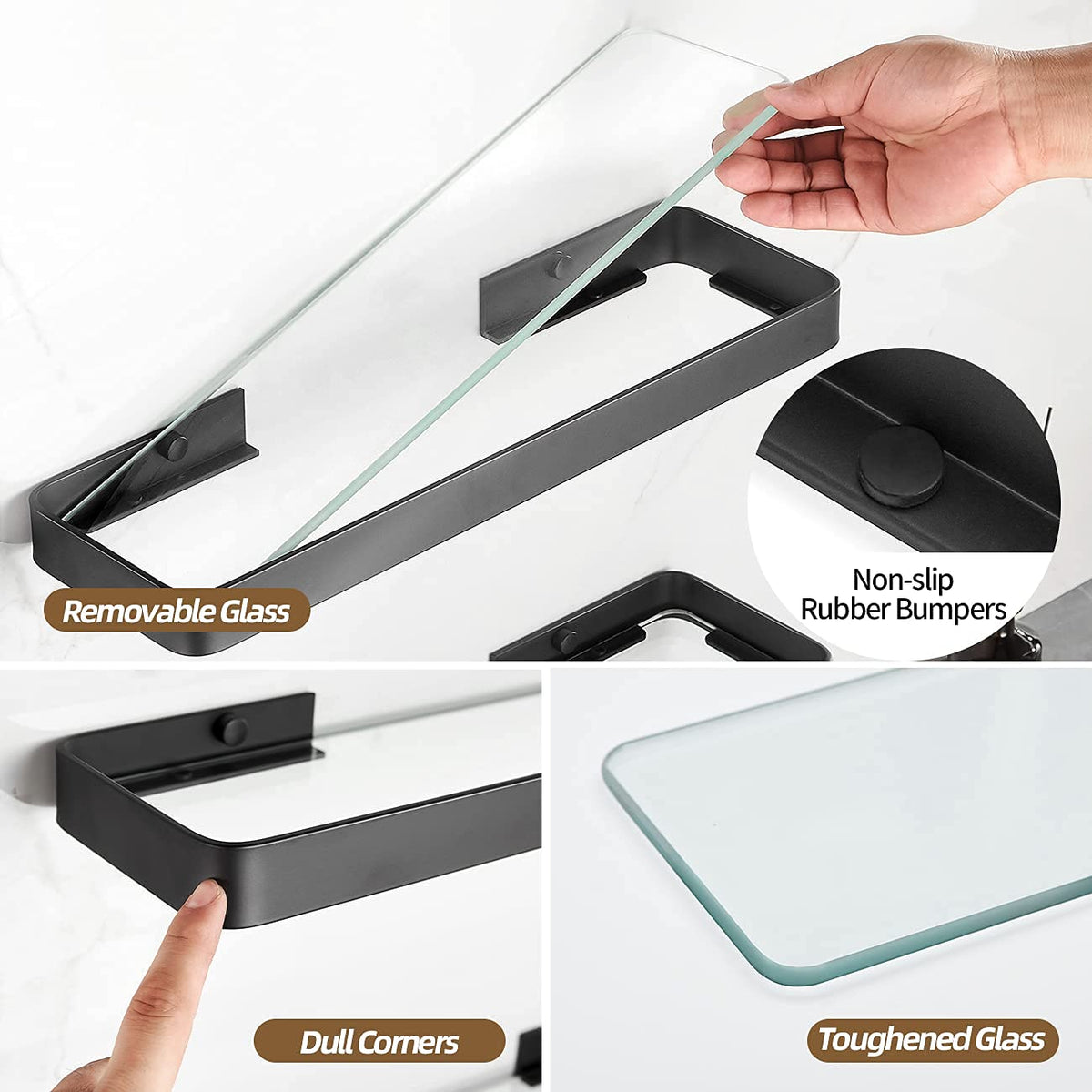 VOLPONE wall-mounted glass shelf side view showing sturdy mounting and quick setup.