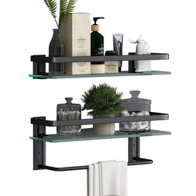 VOLPONE wall shelf demonstrating adhesive installation on tiles and smooth surfaces.