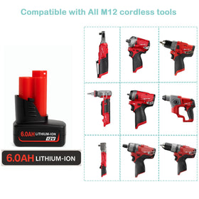 VOLT1799 6Ah M12 battery in use powers a cordless Milwaukee tool.