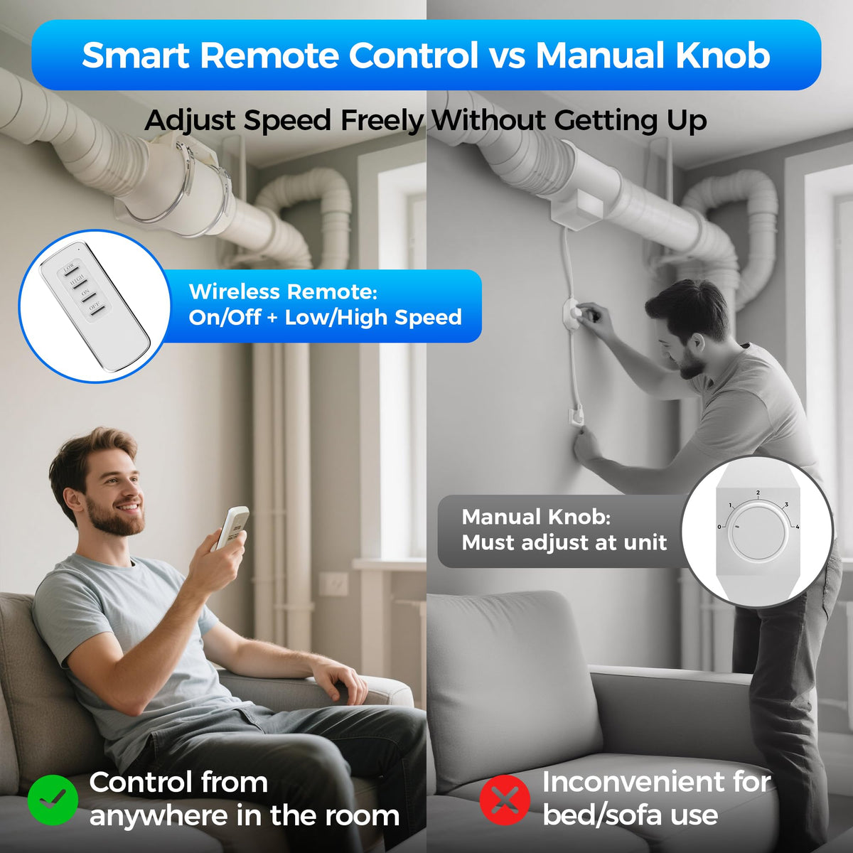 Voltset remote-control inline fan for easy speed adjustment and on/off convenience.