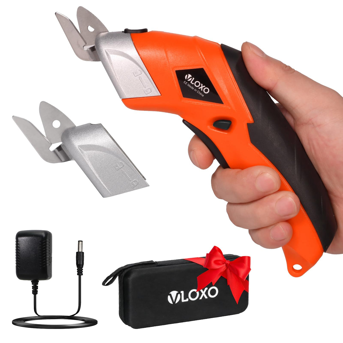 VLOXO CS4001 cordless scissors in orange case, compact storage for on‑the‑go projects.