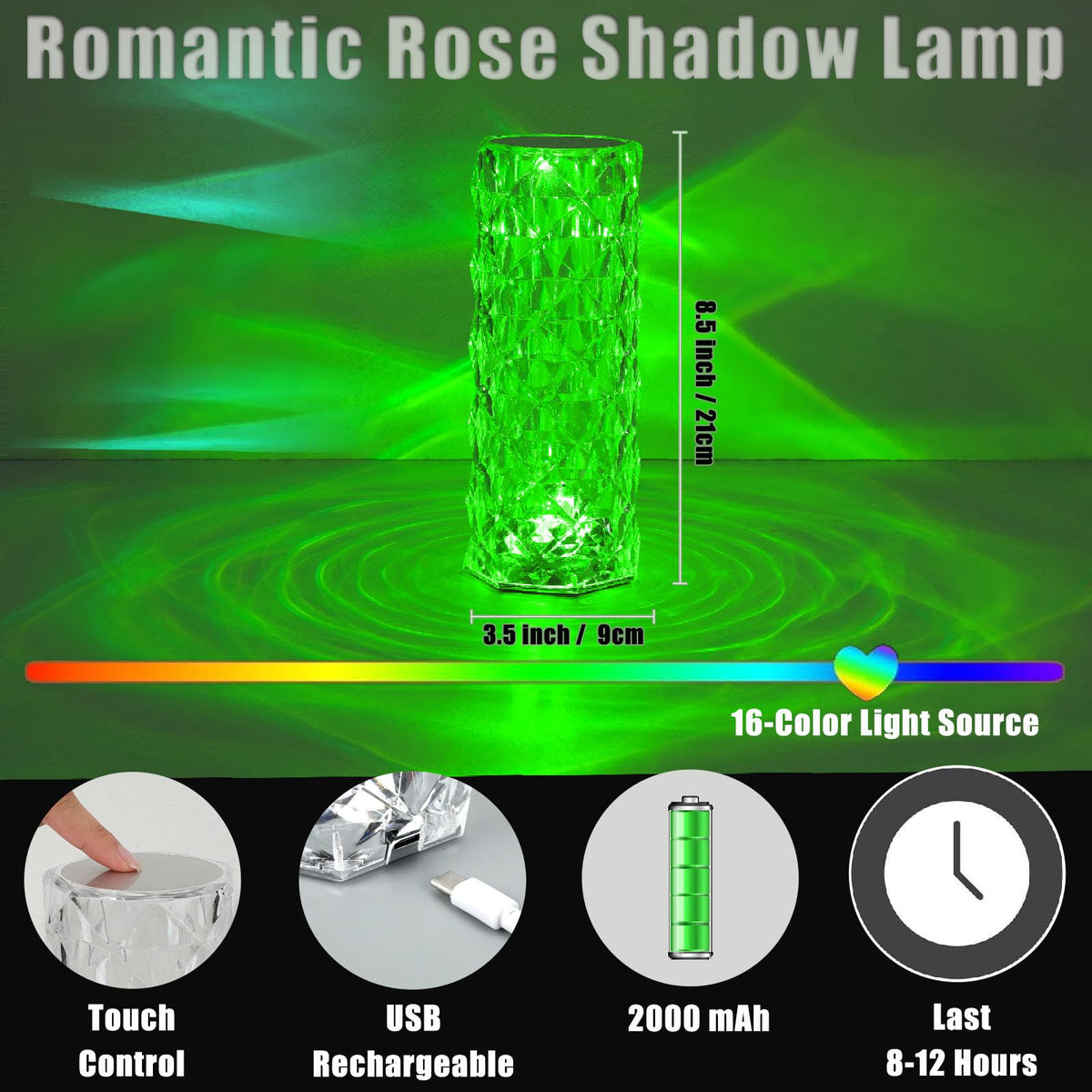 VoMii 3D rose-light crystal lamp projecting soft floral glow