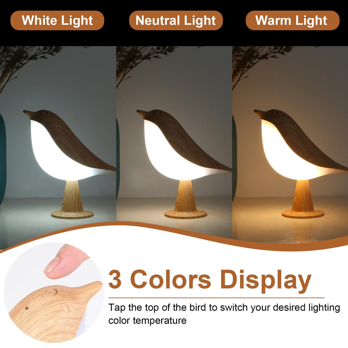 VoMii Bird Desk Lamp offers warm, natural, and cold tones for versatile ambiance.