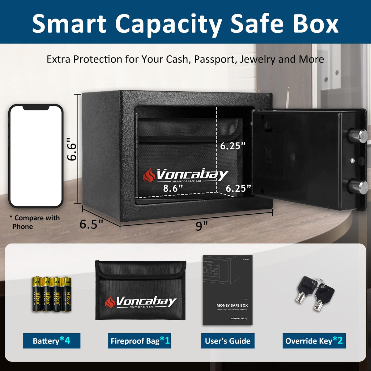 Voncabay money safe box with sensor light, open, soft interior illumination.