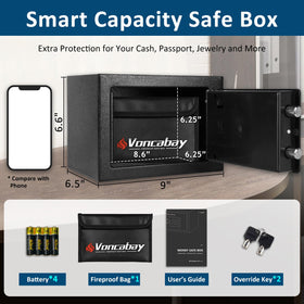 Voncabay money safe box with sensor light, open, soft interior illumination.