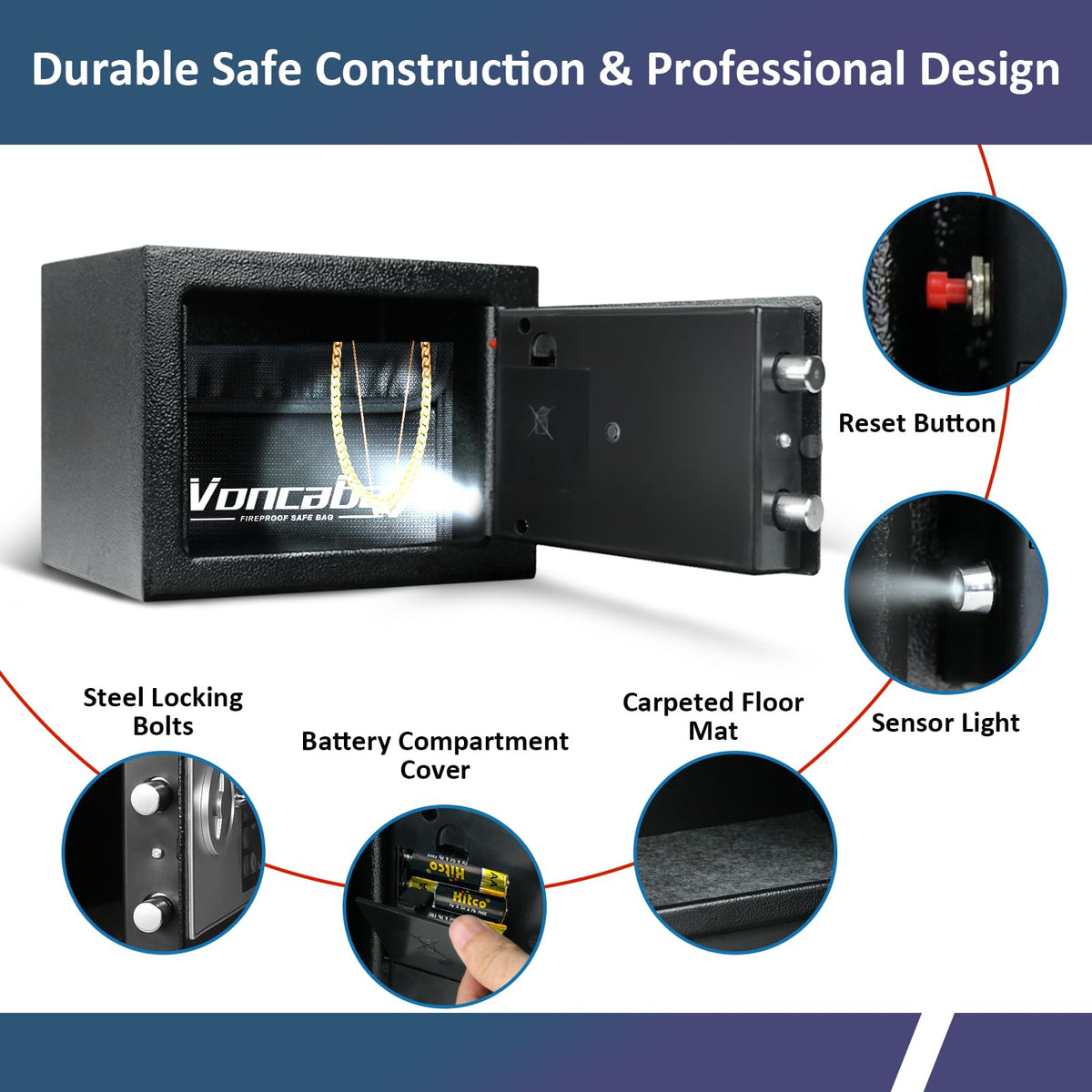 Voncabay reinforced steel bolts and hinges deter tampering.