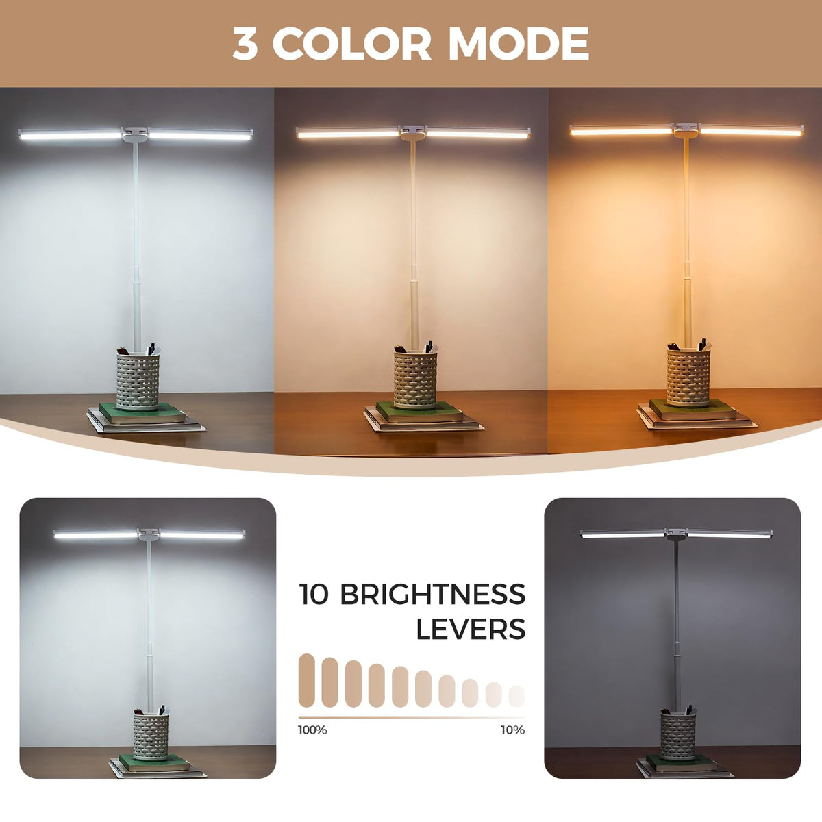 Voncerus LED desk lamp with 3 color modes for reading or focus