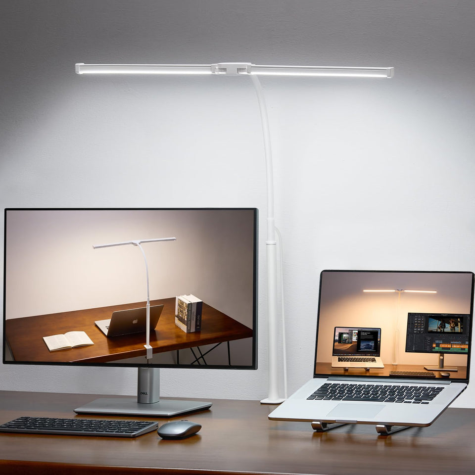 Voncerus LED desk lamp with dual head and clamp for broad home office lighting