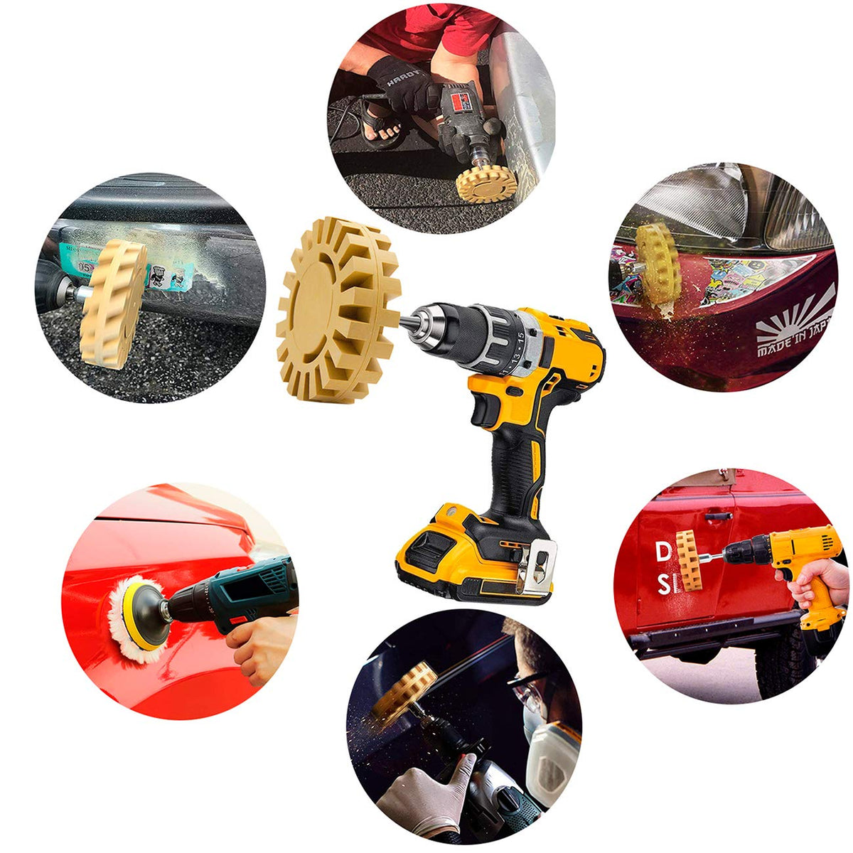 VONDERSO eraser wheel in action with drill for efficient decal removal