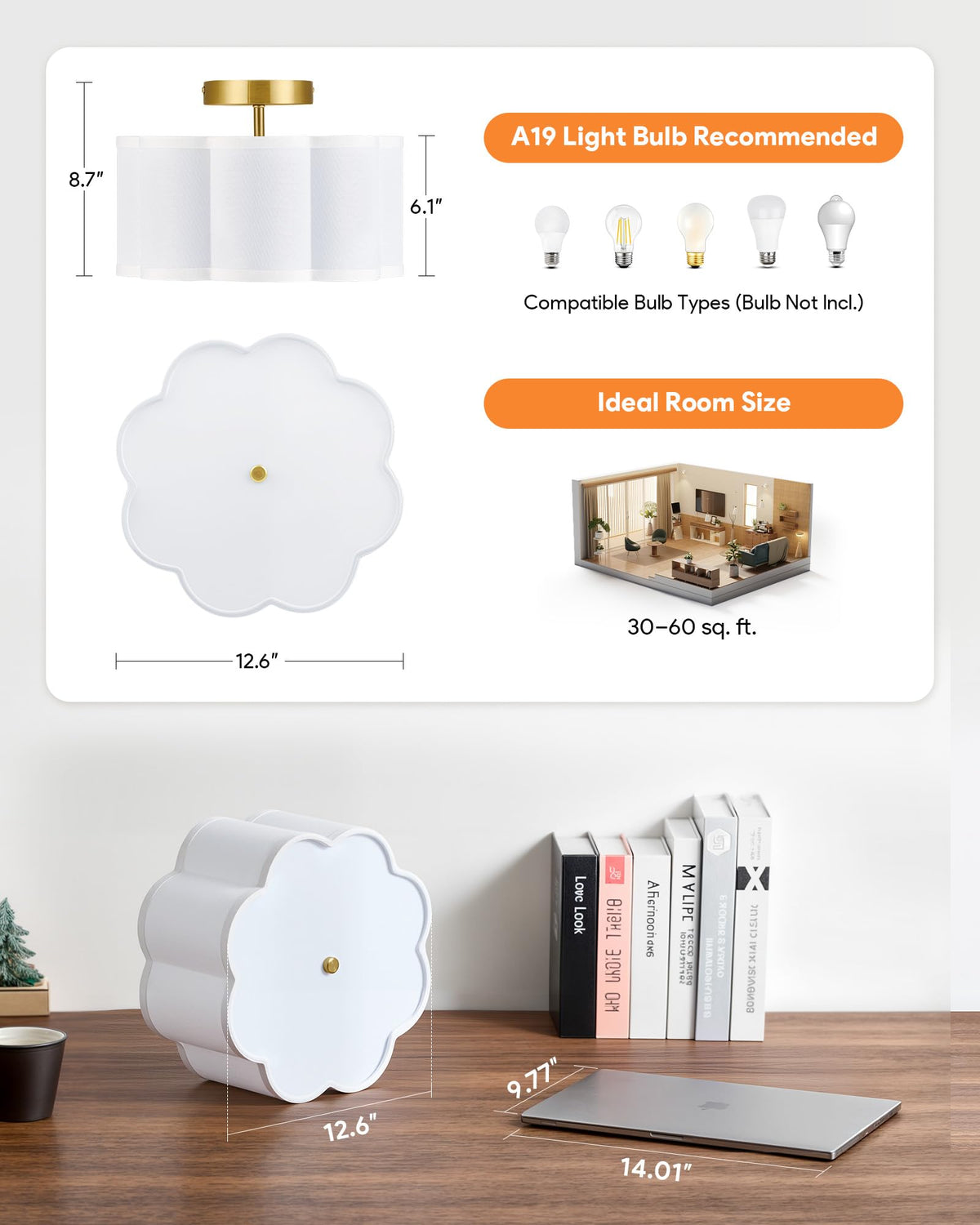 12.6-inch diameter ceiling light brightens compact entryways and lounges.