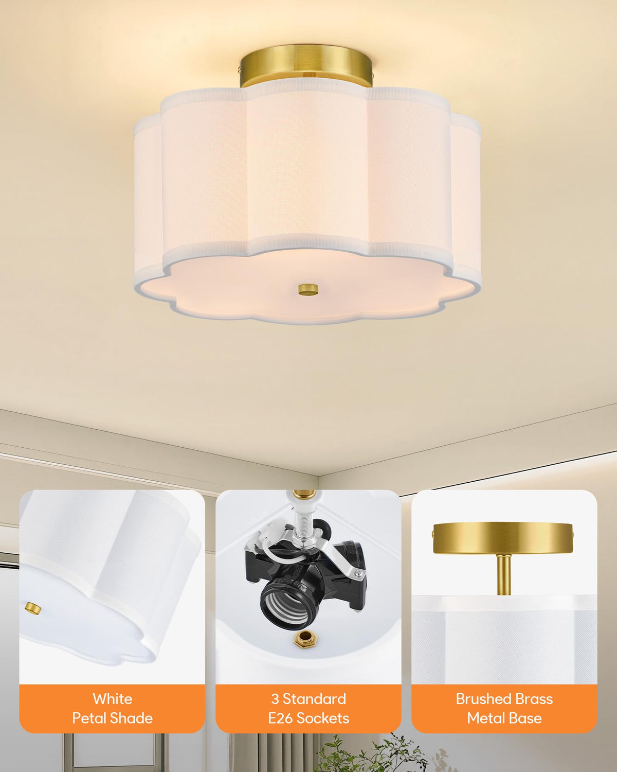 Three E26 sockets support LED, incandescent, or CFL bulbs.