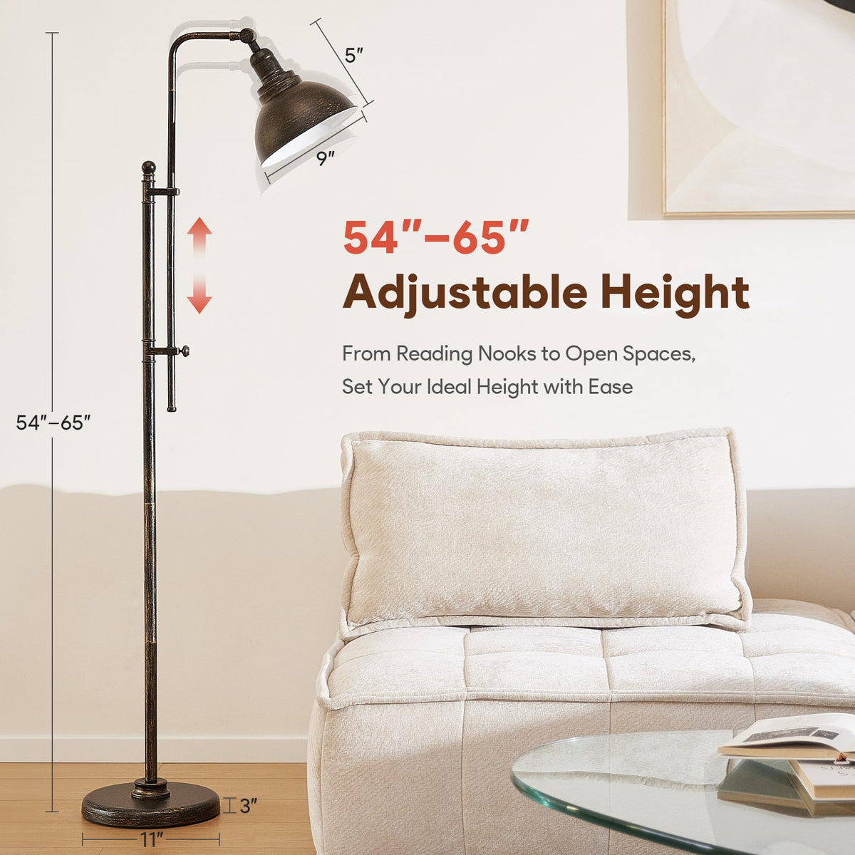 VONLUCE adjustable-height floor lamp adapts to sofas, desks, and corners.