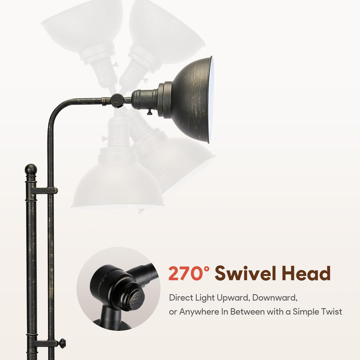 VONLUCE lamp head swivels 27 degrees for uplight or downlight.