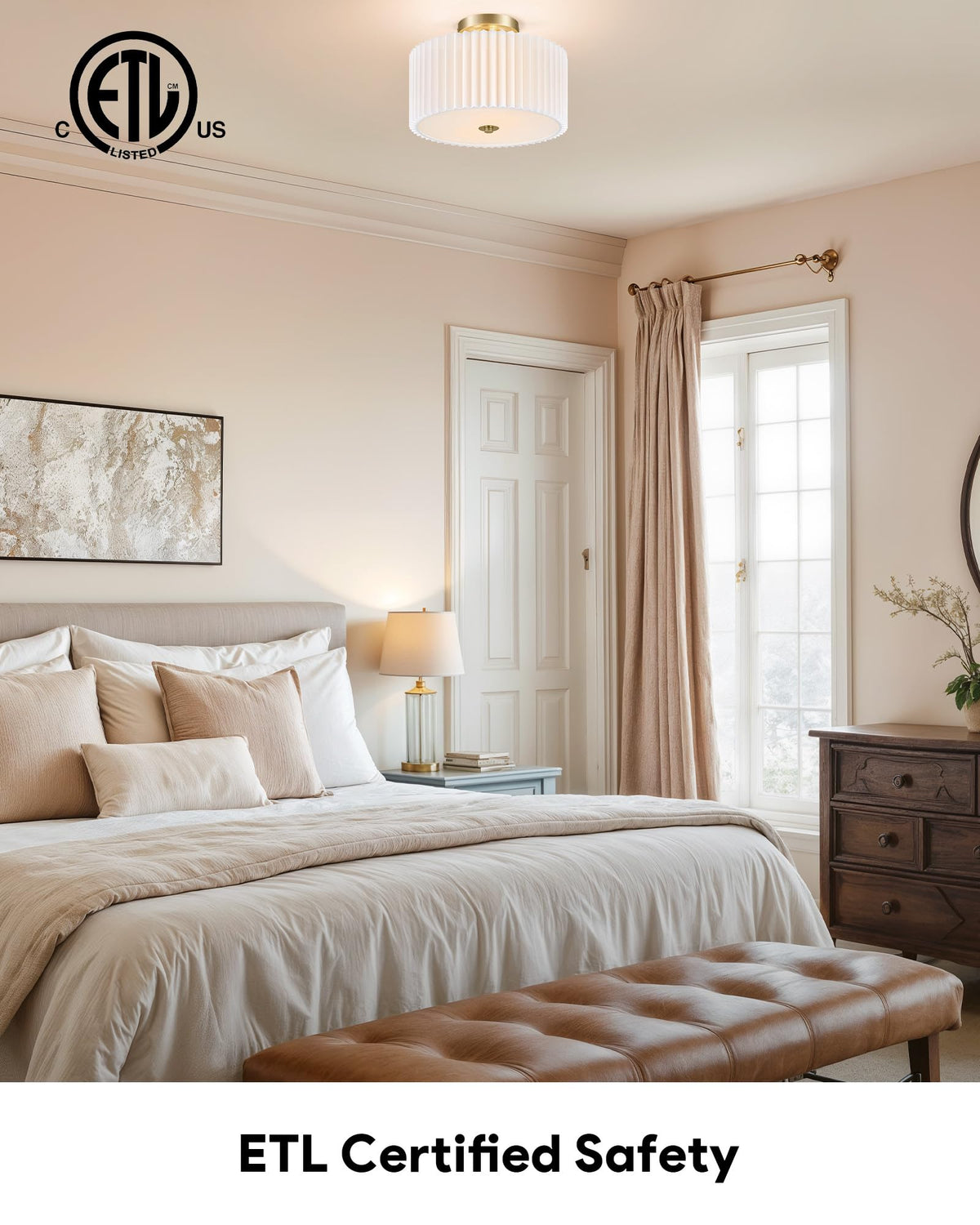 VONLUCE pleated white drum shade provides a soft, diffused glow.