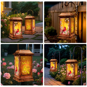 VOOKRY Cardinal Solar Lantern on a porch, no wiring required