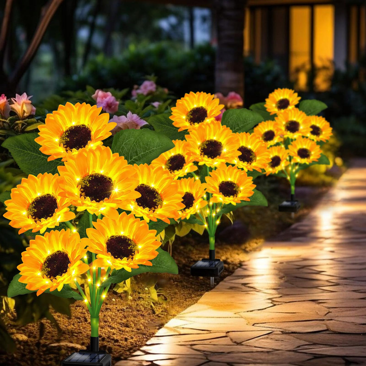 VOOKRY solar sunflower lights brighten the front porch with charm.
