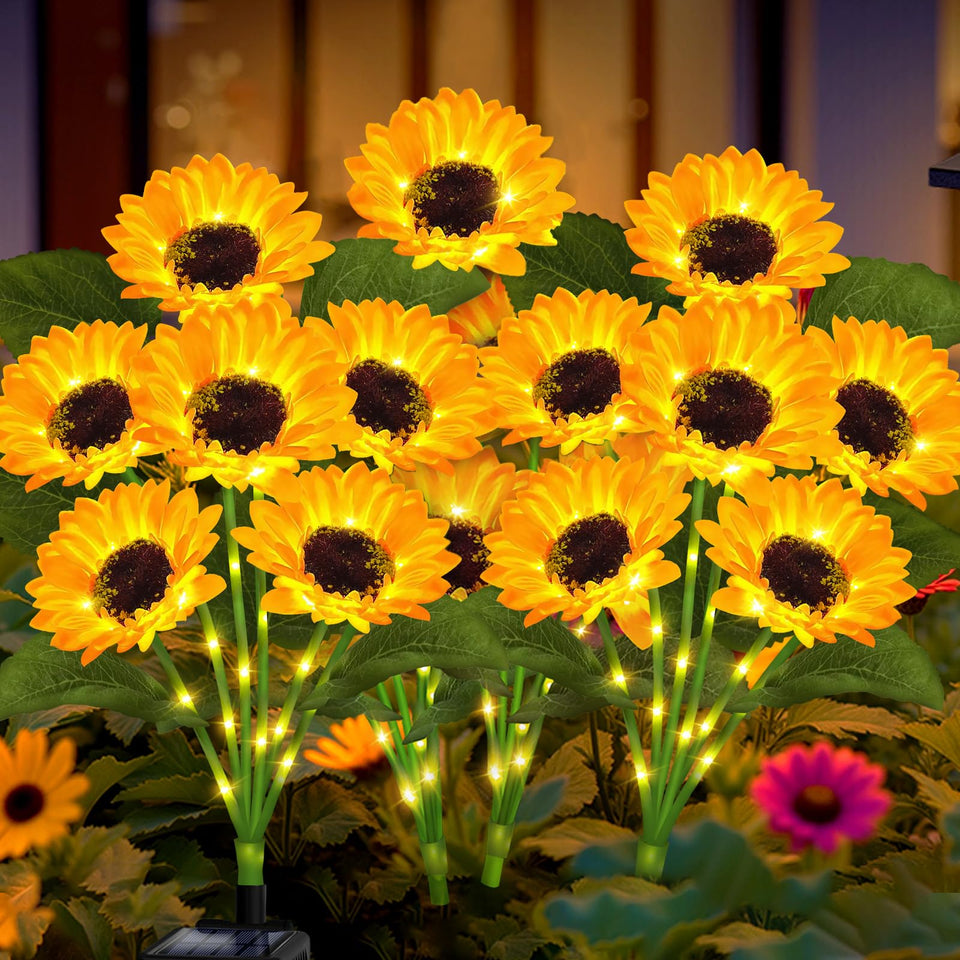 VOOKRY solar sunflower lights illuminate outdoor walkways with a warm glow.