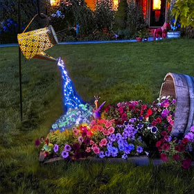 VOOKRY solar watering can lights hanging blue add outdoor ambiance with energy-efficient LED decor.