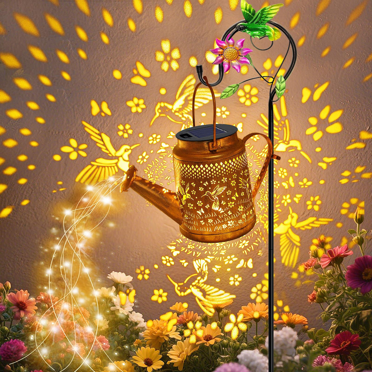 VOOKRY solar watering-can lights with hummingbird charm brighten evening garden paths