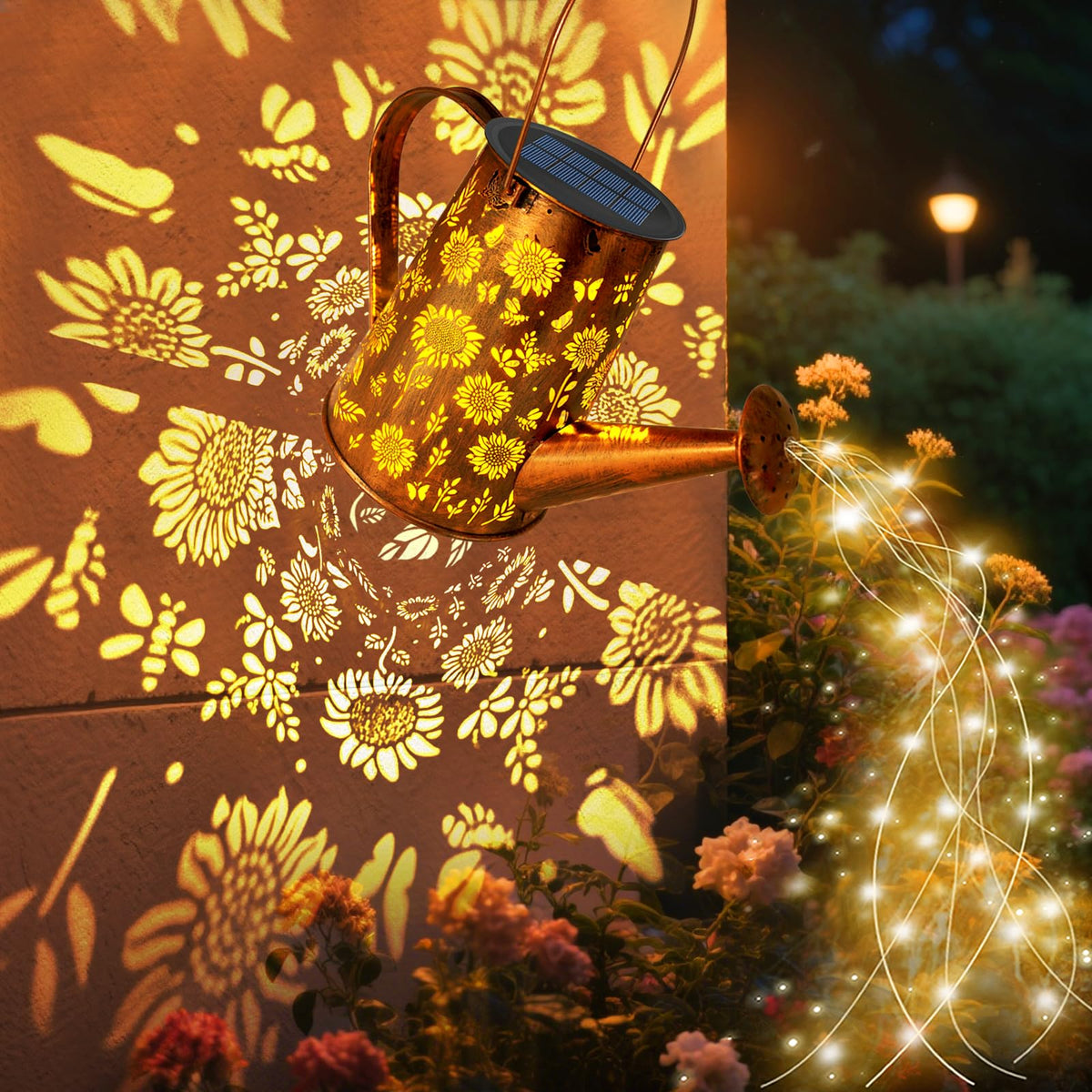 VOOKRY solar watering can lights glow with decorative hollow pattern after dusk