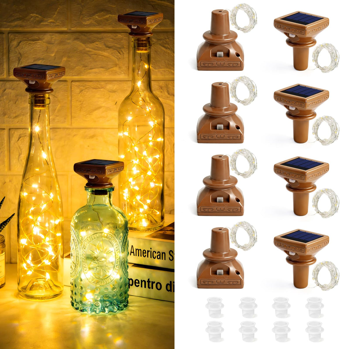 VOOKRY solar wine bottle lights in an 8-pack casting warm glow for outdoor gatherings