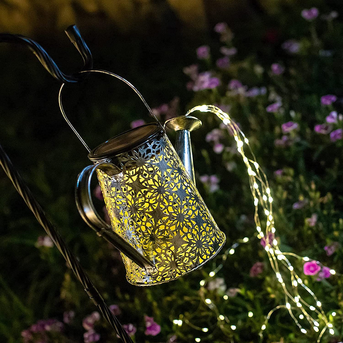 VOOKRY watering can on shepherd hook ready to light up porches.