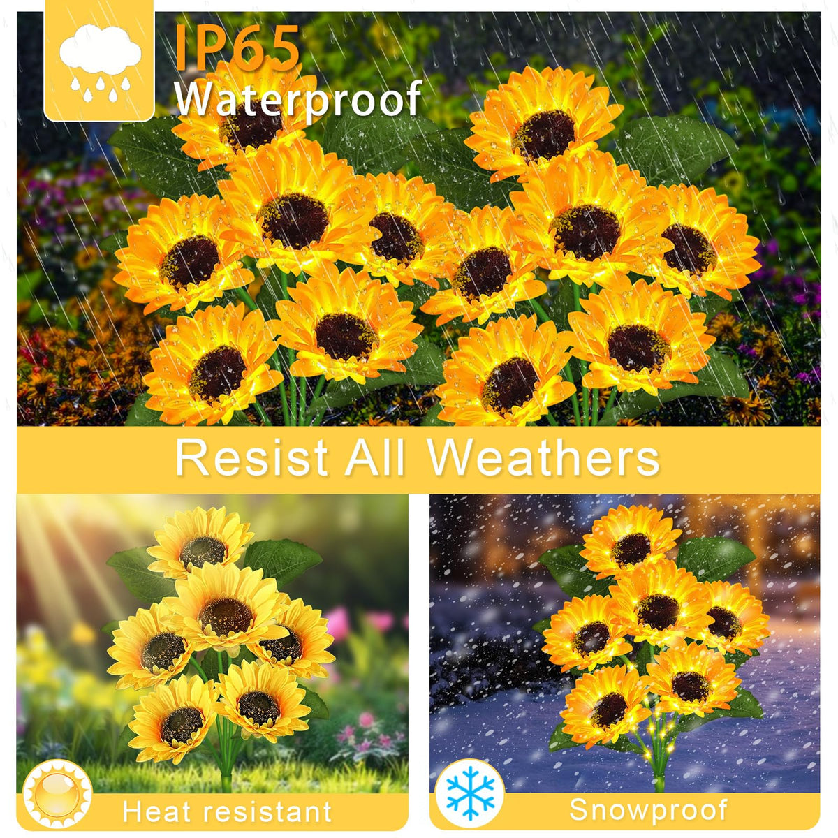 VOOKRY waterproof sunflower lights withstand rain for outdoor use.