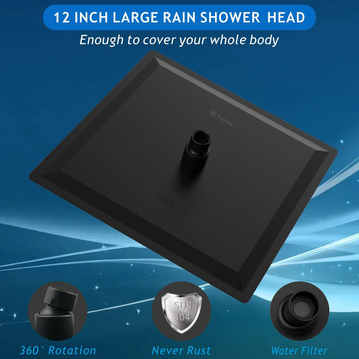 Voolan square design creates a waterfall-like shower experience.