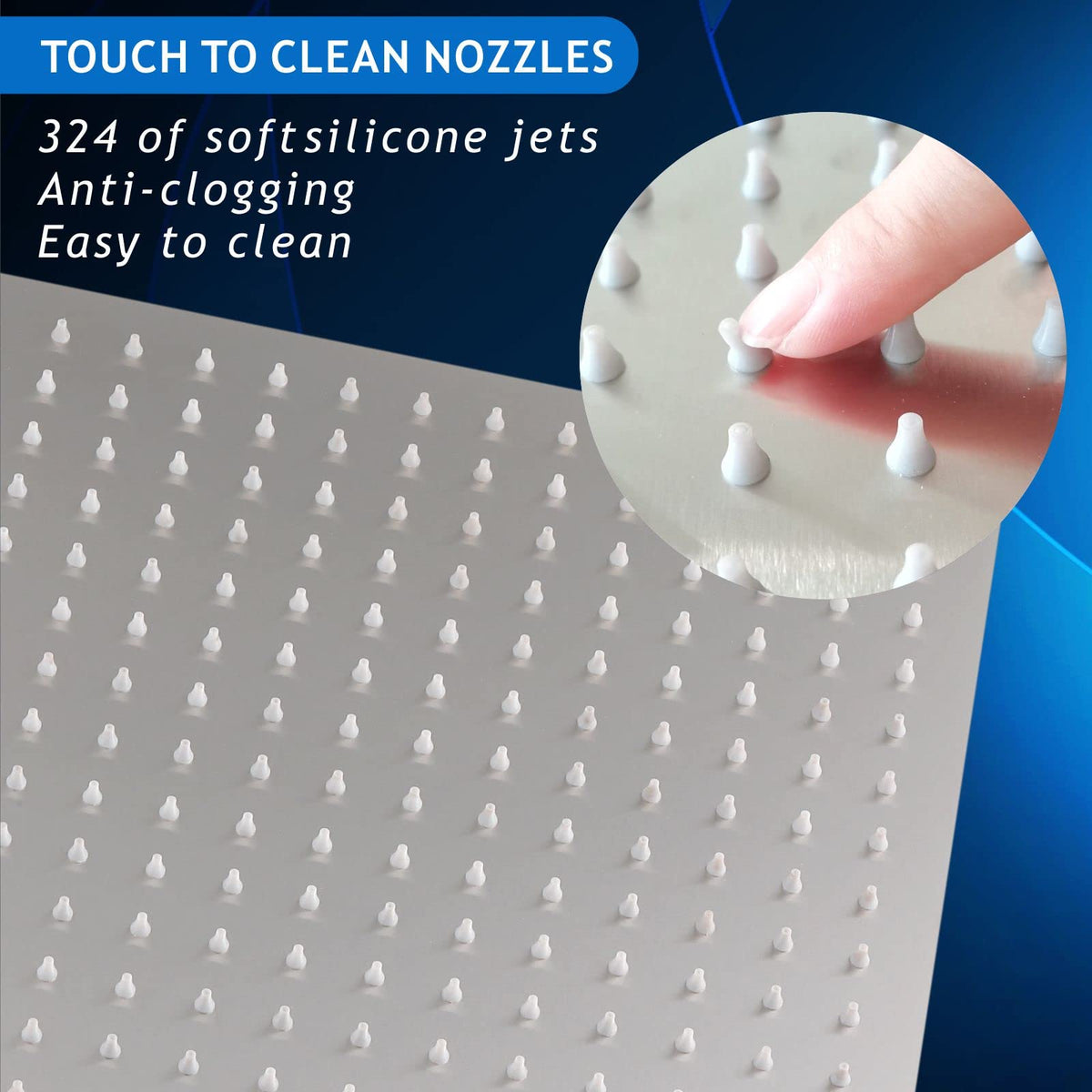 Voolan shower head in solid 304 stainless steel construction for durability.