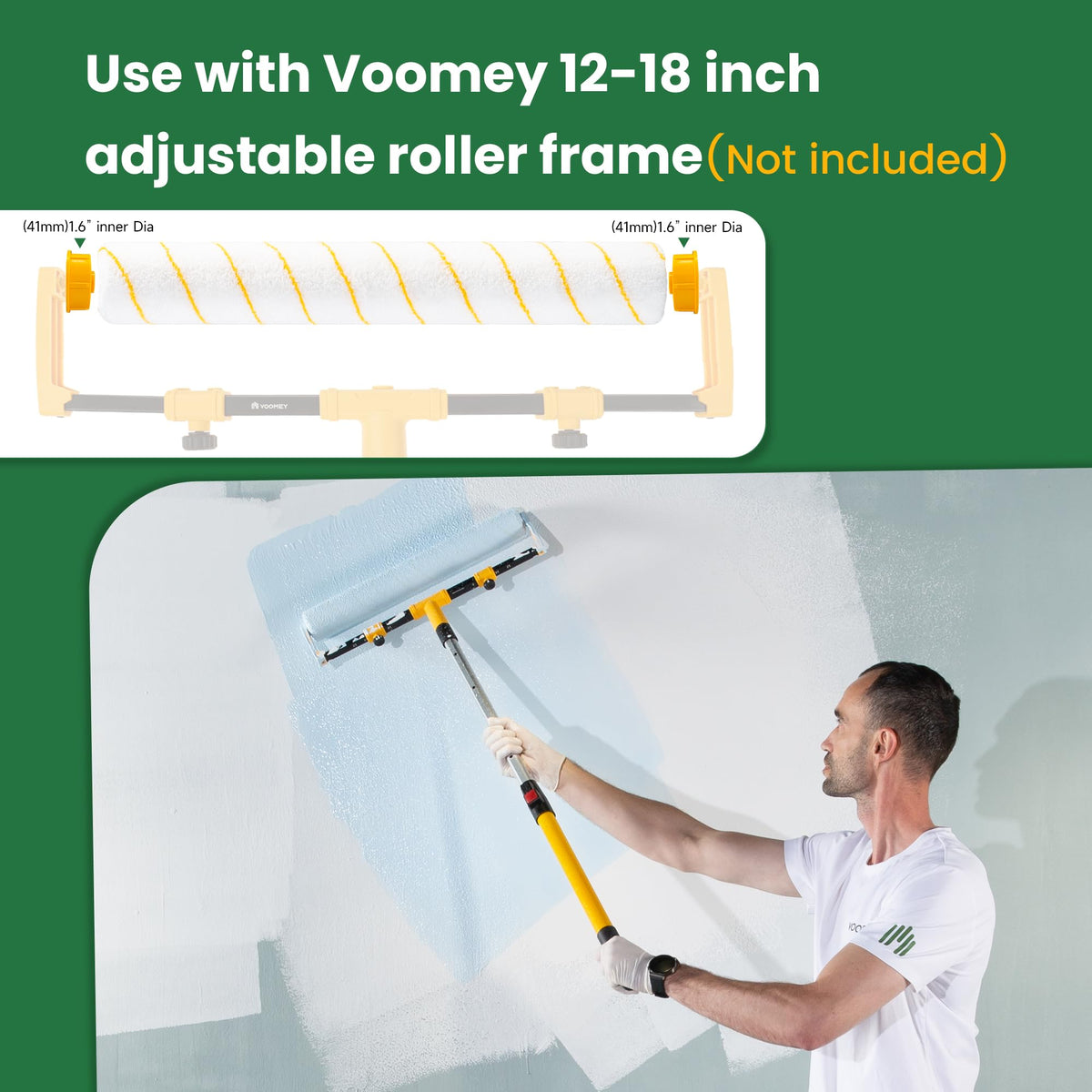 Voomey roller absorbs and releases paint for uniform coverage.